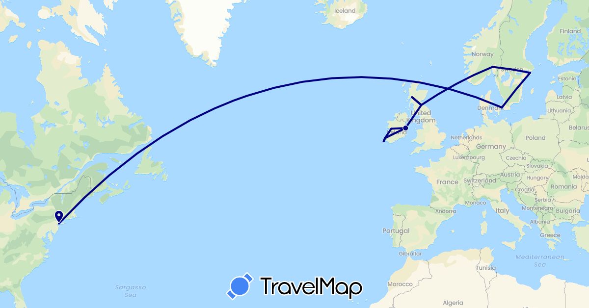 TravelMap itinerary: driving in Denmark, United Kingdom, Ireland, Norway, Sweden, United States (Europe, North America)