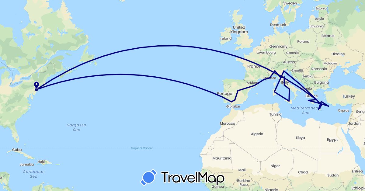 TravelMap itinerary: driving in Spain, France, Greece, Italy, Monaco, Portugal, San Marino, United States (Europe, North America)